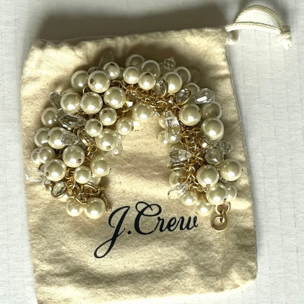 J.Crew Faux Pearl & Crystal Cluster Gold Chain Statement Bracelet